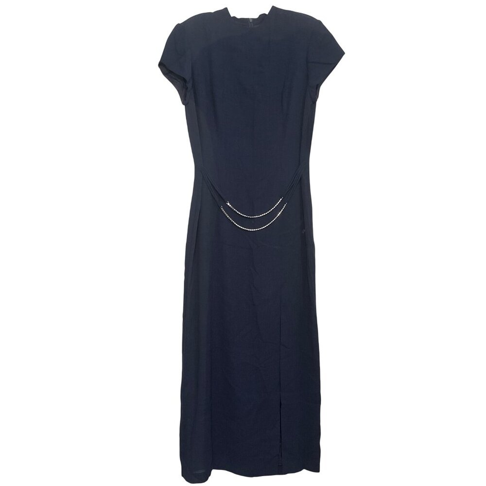 David Warren New York Navy Midi Dress W/ Rhinestone Detail & Cap Sleeves Size 12